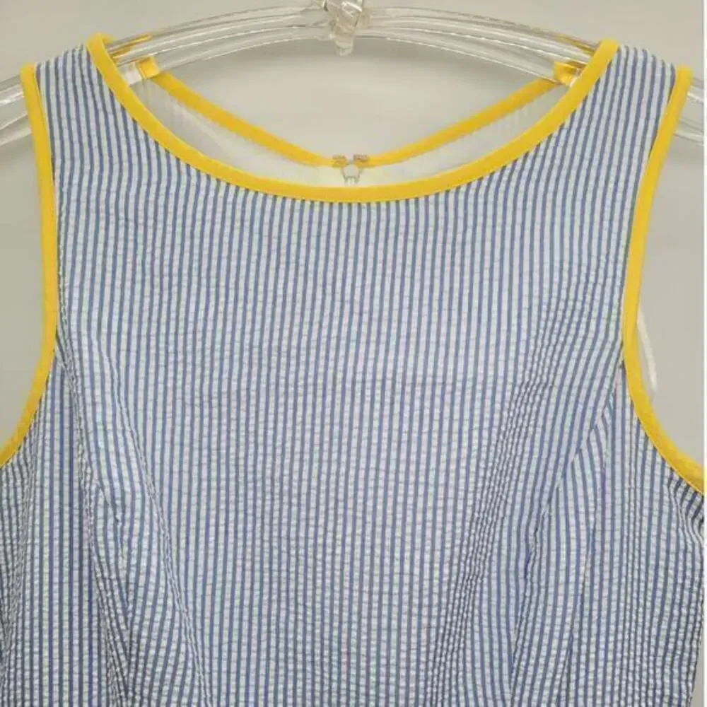 Elle Seersucker Striped Contrasting Trim Sleeveless‎ Midi Fit n Flare Dress